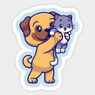 Cute Pug Dog Holding Baby Cat Cartoon Sticker